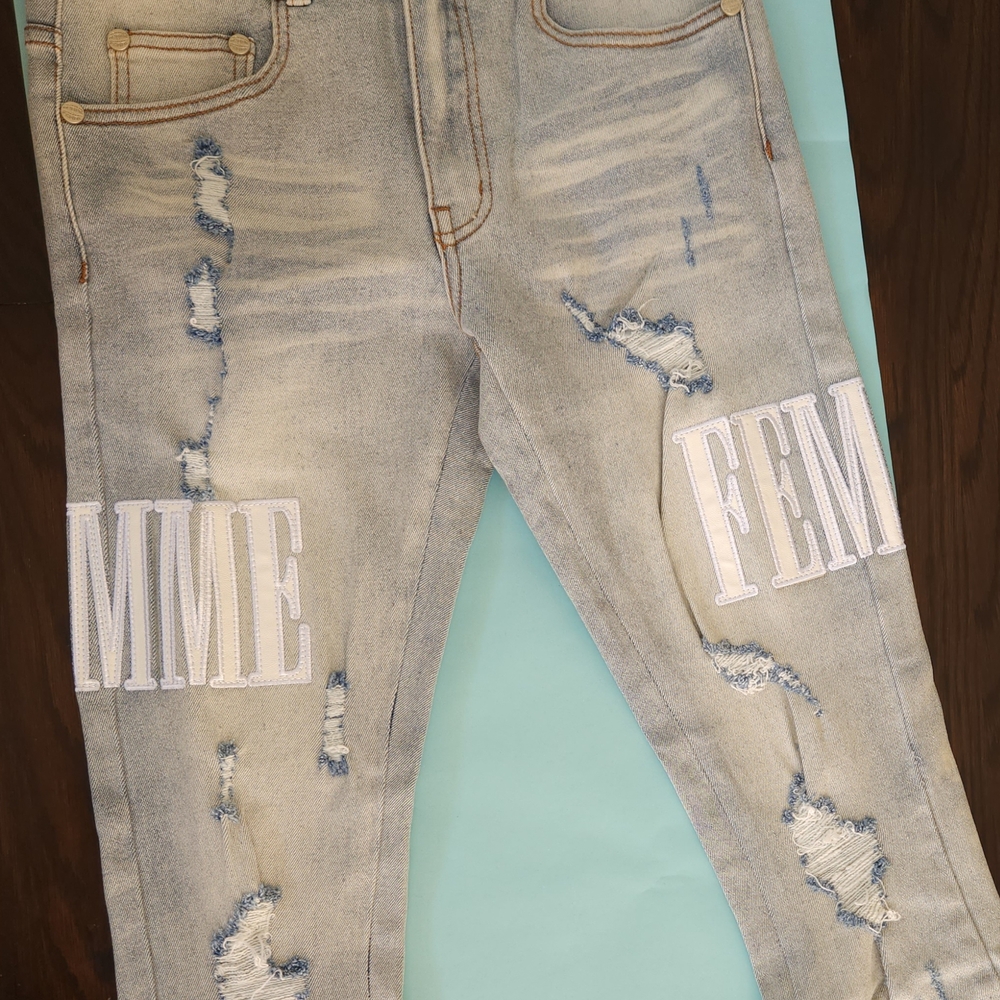 Homme Femme LA Denim Jeans White Lettering Size 28